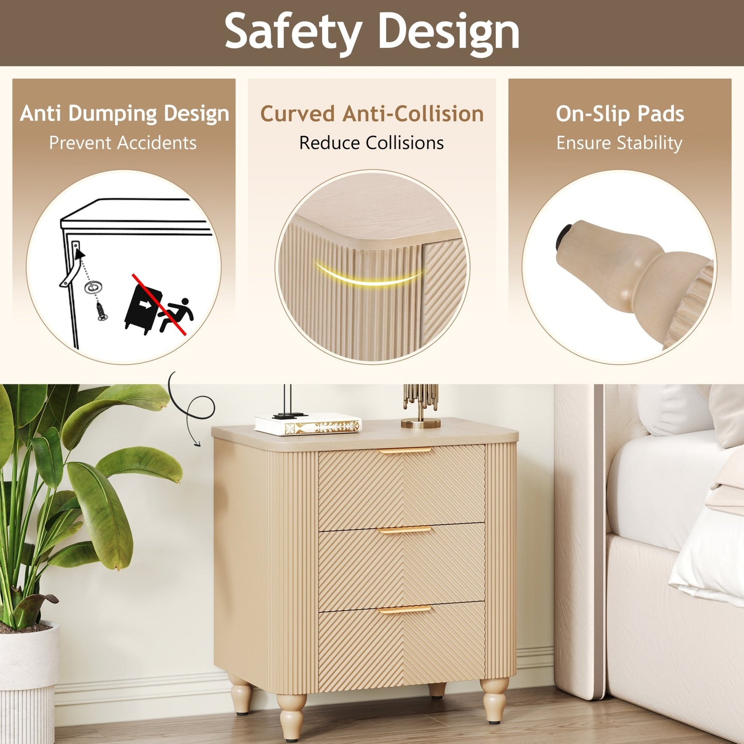 Mid - Century Fluted 3 Drawers Nightstand, Bedside Table with Curved Profile Design and Wide Gold Glossy Handles, End Table for Living Room, Bedroom, Easy Assembly, Champagne - 1st Choice Furniture Direct