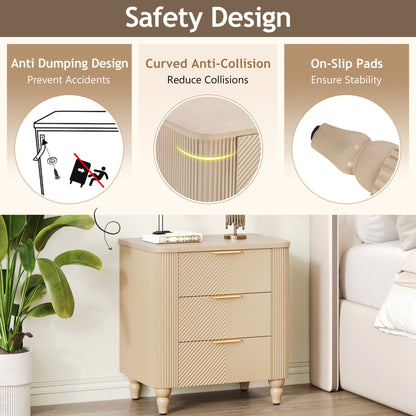 Mid - Century Fluted 3 Drawers Nightstand, Bedside Table with Curved Profile Design and Wide Gold Glossy Handles, End Table for Living Room, Bedroom, Easy Assembly, Champagne - 1st Choice Furniture Direct