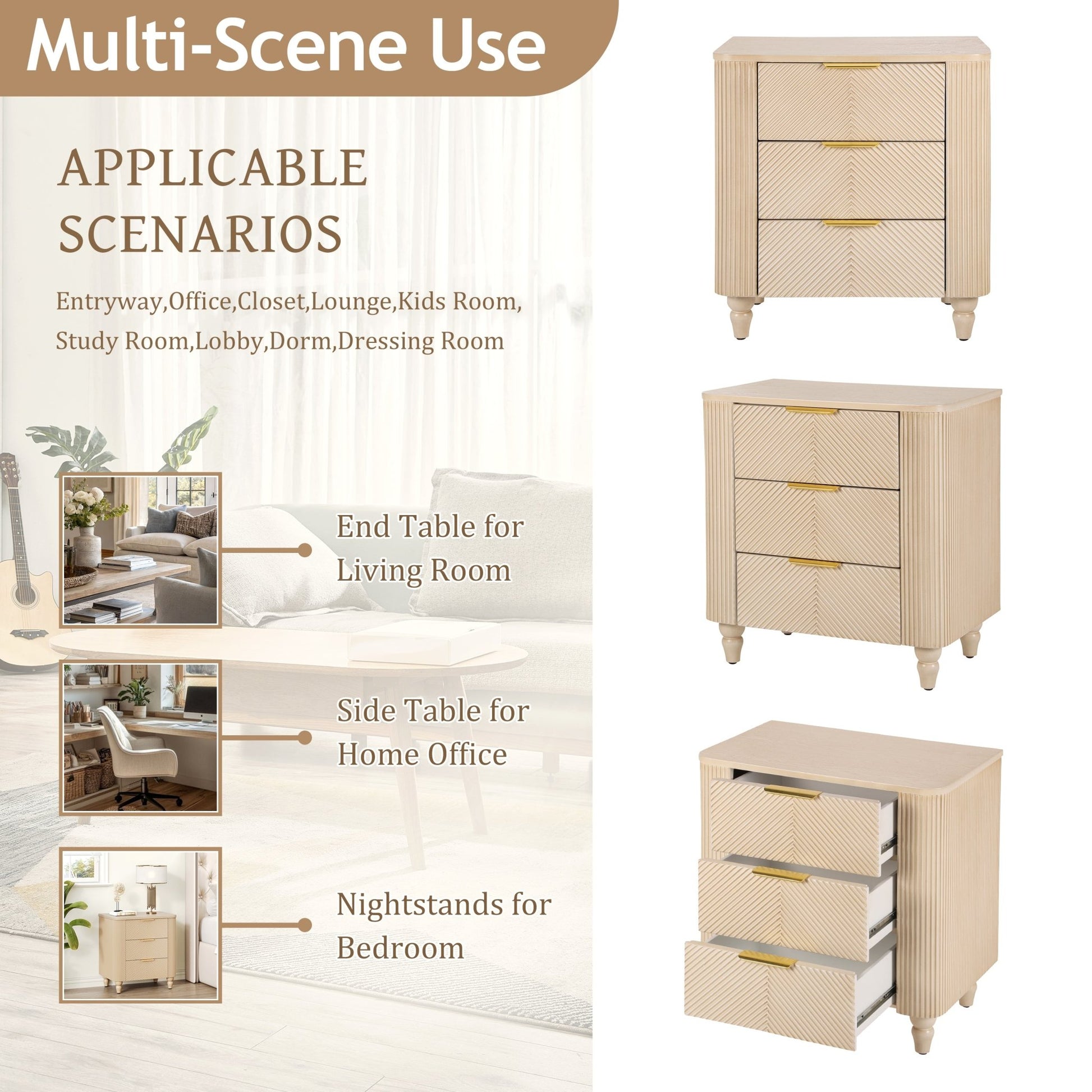 Mid - Century Fluted 3 Drawers Nightstand, Bedside Table with Curved Profile Design and Wide Gold Glossy Handles, End Table for Living Room, Bedroom, Easy Assembly, Champagne - 1st Choice Furniture Direct