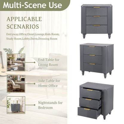 Mid - Century Fluted 3 Drawers Nightstand, Bedside Table with Curved Profile Design and Wide Gold Glossy Handles, End Table for Living Room, Bedroom, Easy Assembly, Dark Gray - 1st Choice Furniture Direct