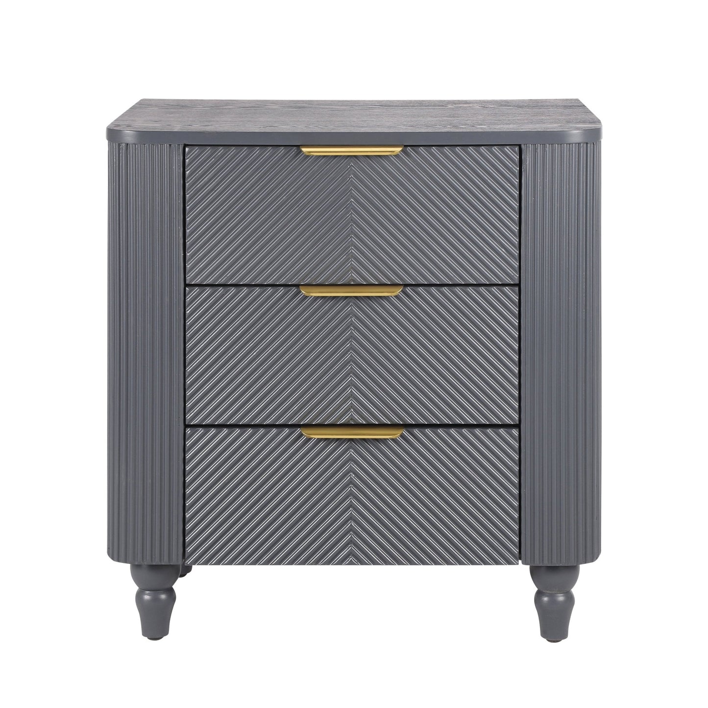 Mid - Century Fluted 3 Drawers Nightstand, Bedside Table with Curved Profile Design and Wide Gold Glossy Handles, End Table for Living Room, Bedroom, Easy Assembly, Dark Gray - 1st Choice Furniture Direct