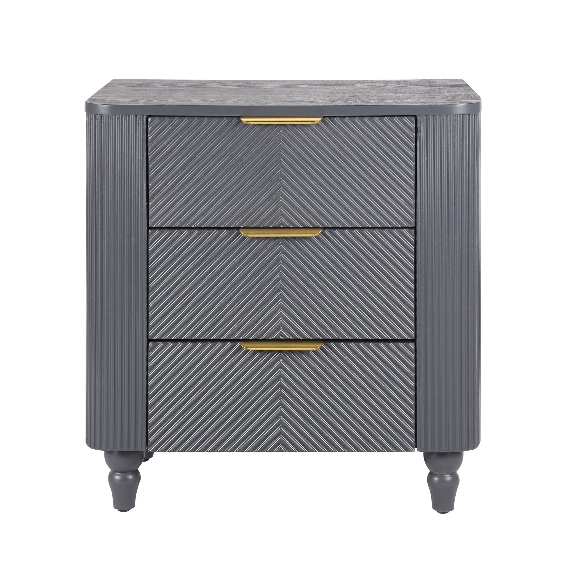 Mid - Century Fluted 3 Drawers Nightstand, Bedside Table with Curved Profile Design and Wide Gold Glossy Handles, End Table for Living Room, Bedroom, Easy Assembly, Dark Gray - 1st Choice Furniture Direct