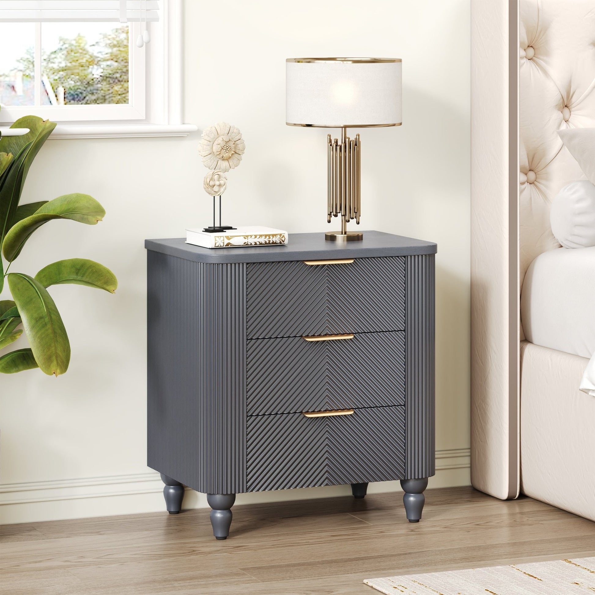 Mid - Century Fluted 3 Drawers Nightstand, Bedside Table with Curved Profile Design and Wide Gold Glossy Handles, End Table for Living Room, Bedroom, Easy Assembly, Dark Gray - 1st Choice Furniture Direct