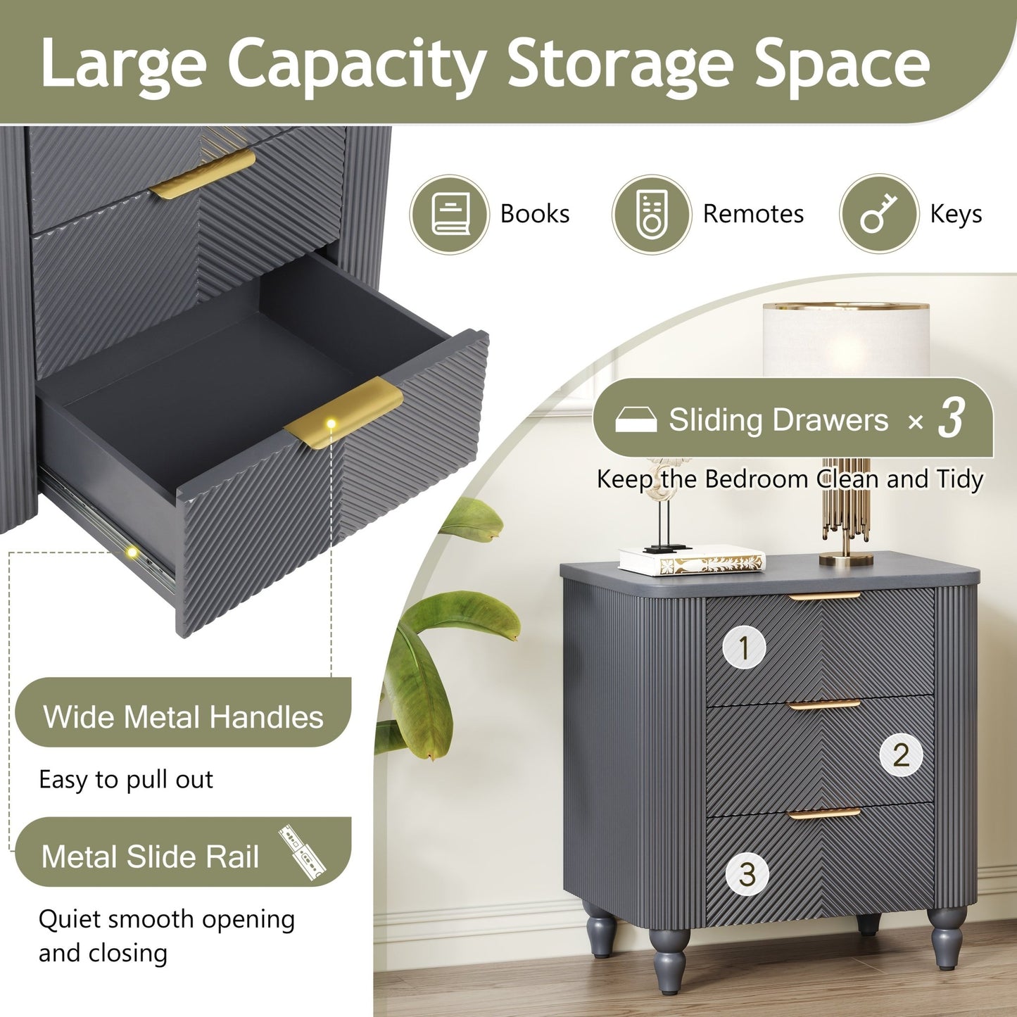 Mid - Century Fluted 3 Drawers Nightstand, Bedside Table with Curved Profile Design and Wide Gold Glossy Handles, End Table for Living Room, Bedroom, Easy Assembly, Dark Gray - 1st Choice Furniture Direct