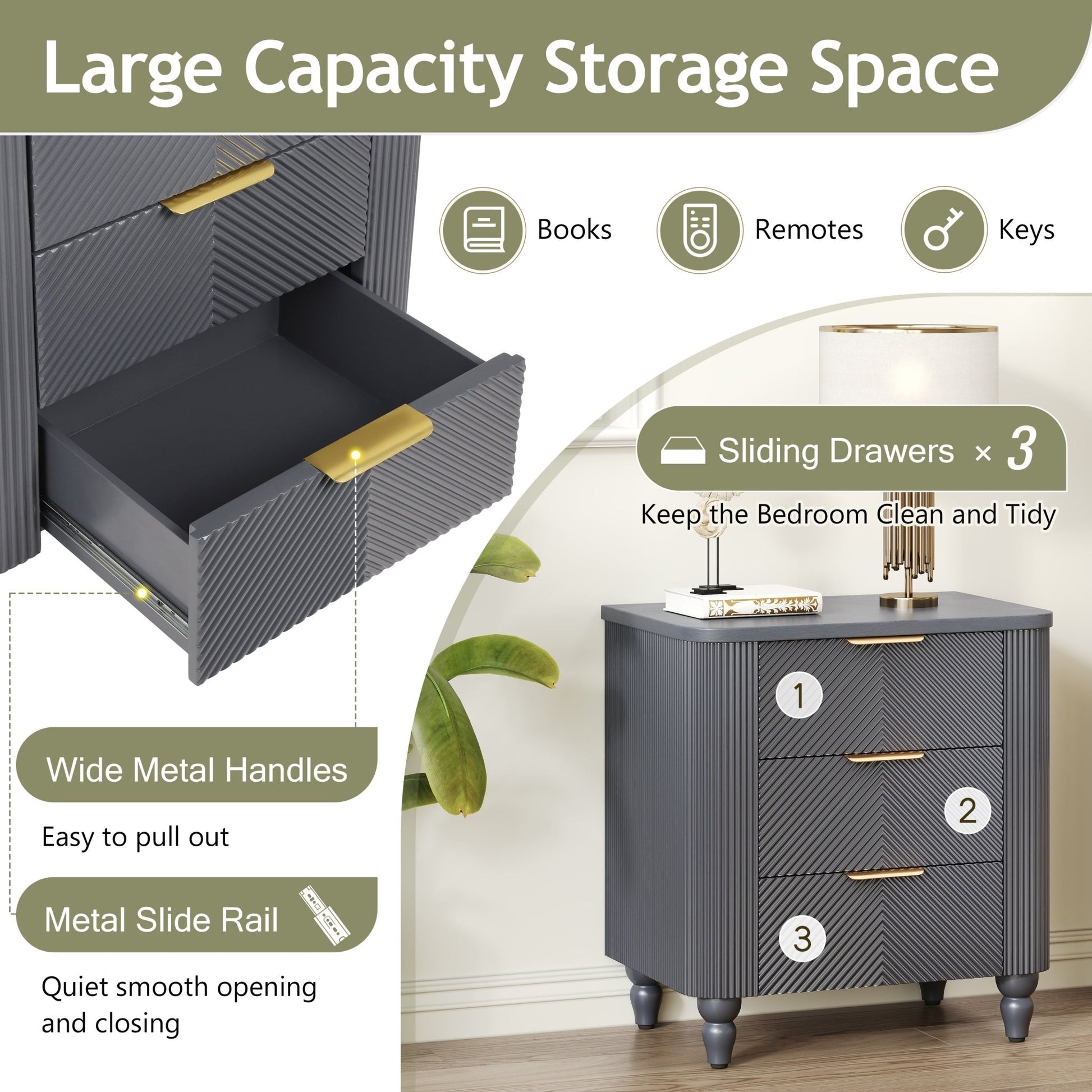 Mid - Century Fluted 3 Drawers Nightstand, Bedside Table with Curved Profile Design and Wide Gold Glossy Handles, End Table for Living Room, Bedroom, Easy Assembly, Dark Gray - 1st Choice Furniture Direct