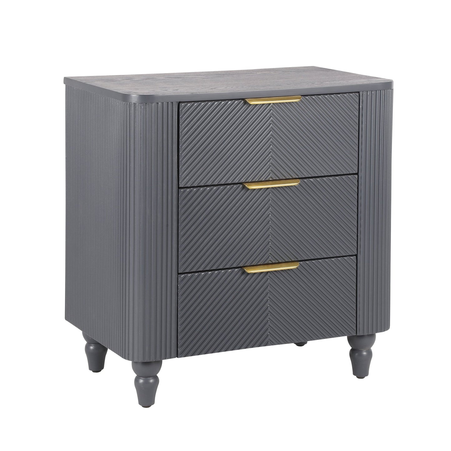 Mid - Century Fluted 3 Drawers Nightstand, Bedside Table with Curved Profile Design and Wide Gold Glossy Handles, End Table for Living Room, Bedroom, Easy Assembly, Dark Gray - 1st Choice Furniture Direct