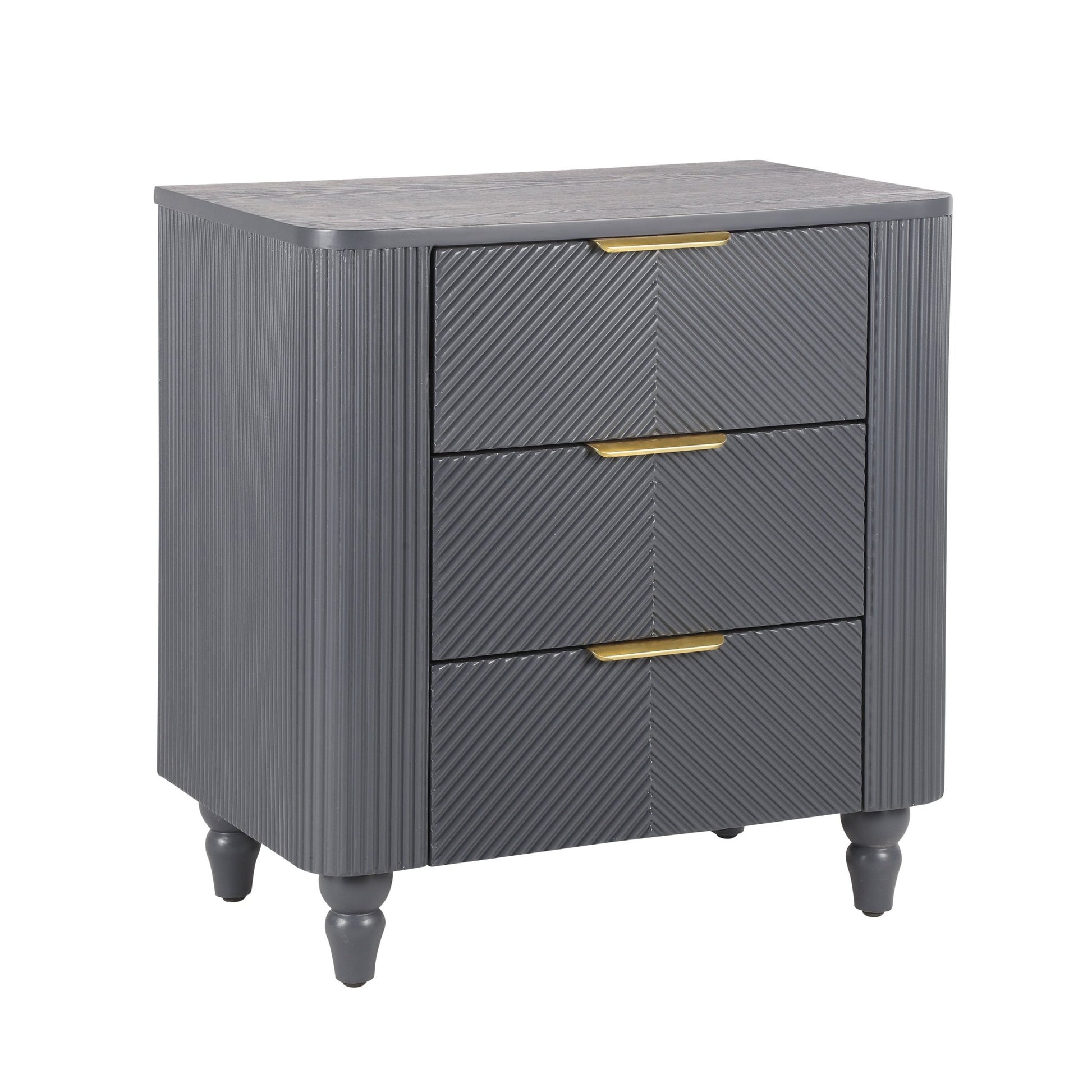Mid - Century Fluted 3 Drawers Nightstand, Bedside Table with Curved Profile Design and Wide Gold Glossy Handles, End Table for Living Room, Bedroom, Easy Assembly, Dark Gray - 1st Choice Furniture Direct