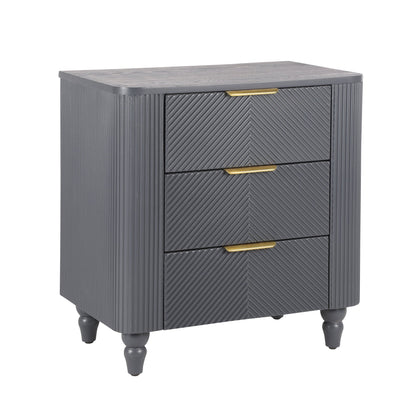 Mid - Century Fluted 3 Drawers Nightstand, Bedside Table with Curved Profile Design and Wide Gold Glossy Handles, End Table for Living Room, Bedroom, Easy Assembly, Dark Gray - 1st Choice Furniture Direct