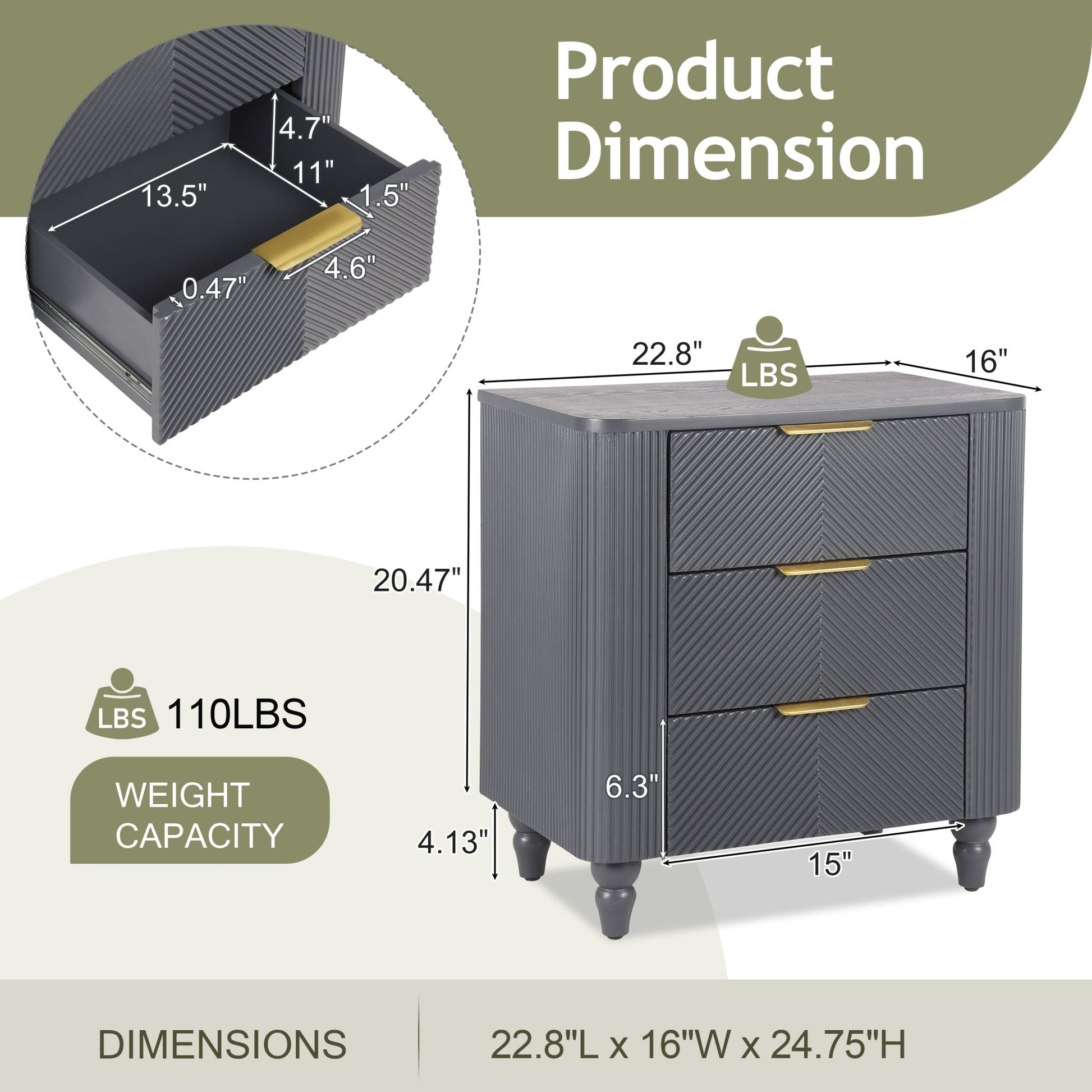 Mid - Century Fluted 3 Drawers Nightstand, Bedside Table with Curved Profile Design and Wide Gold Glossy Handles, End Table for Living Room, Bedroom, Easy Assembly, Dark Gray - 1st Choice Furniture Direct