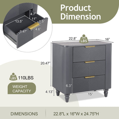 Mid - Century Fluted 3 Drawers Nightstand, Bedside Table with Curved Profile Design and Wide Gold Glossy Handles, End Table for Living Room, Bedroom, Easy Assembly, Dark Gray - 1st Choice Furniture Direct