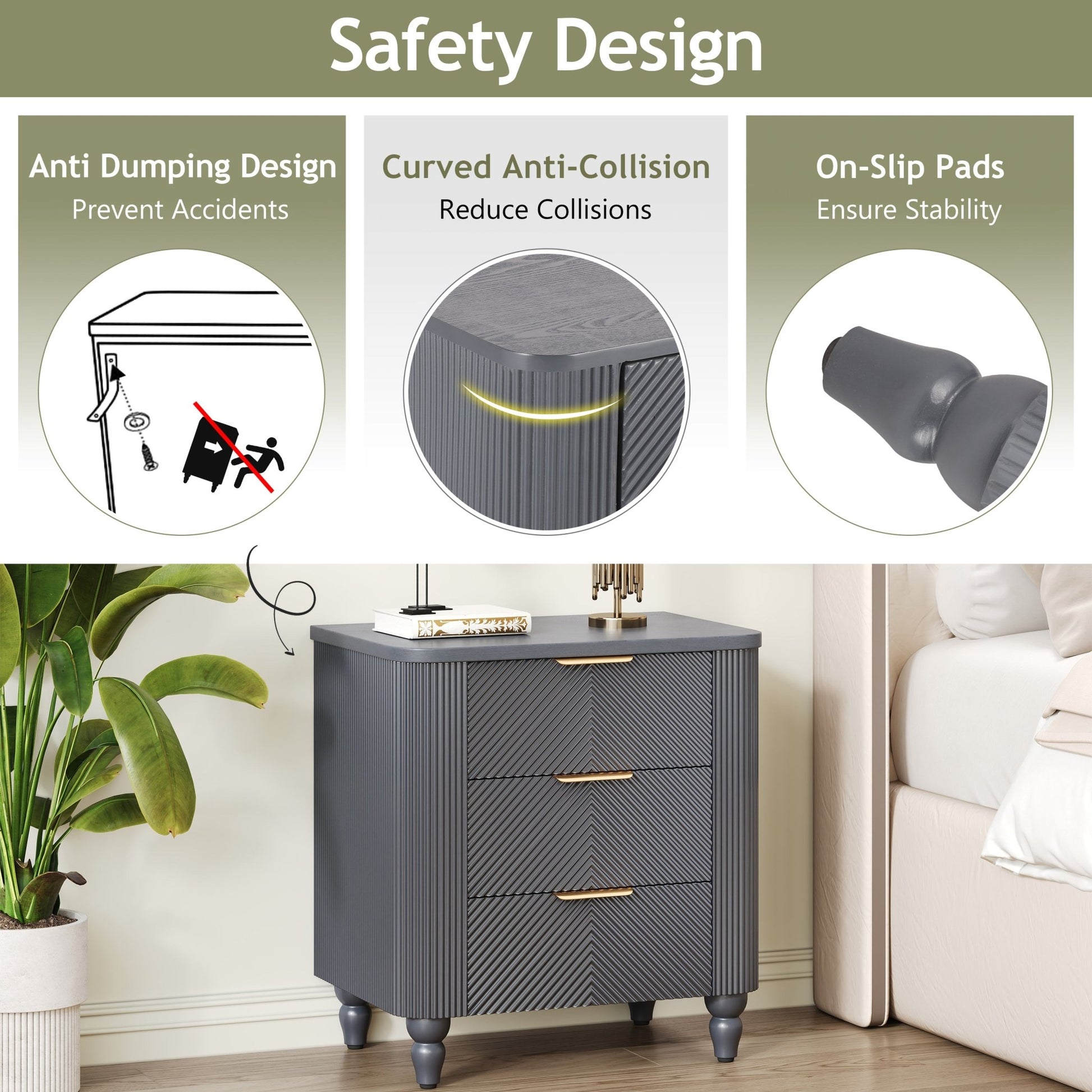 Mid - Century Fluted 3 Drawers Nightstand, Bedside Table with Curved Profile Design and Wide Gold Glossy Handles, End Table for Living Room, Bedroom, Easy Assembly, Dark Gray - 1st Choice Furniture Direct