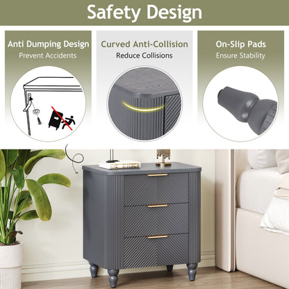 Mid - Century Fluted 3 Drawers Nightstand, Bedside Table with Curved Profile Design and Wide Gold Glossy Handles, End Table for Living Room, Bedroom, Easy Assembly, Dark Gray - 1st Choice Furniture Direct