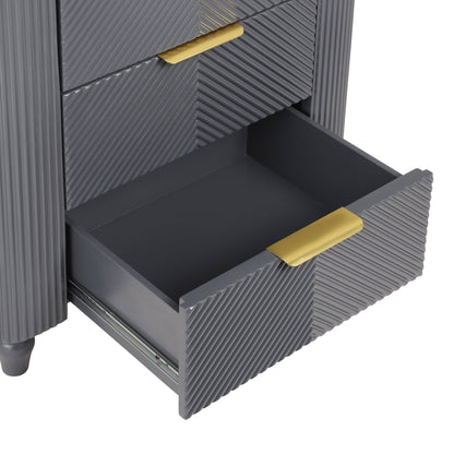 Mid - Century Fluted 3 Drawers Nightstand, Bedside Table with Curved Profile Design and Wide Gold Glossy Handles, End Table for Living Room, Bedroom, Easy Assembly, Dark Gray - 1st Choice Furniture Direct