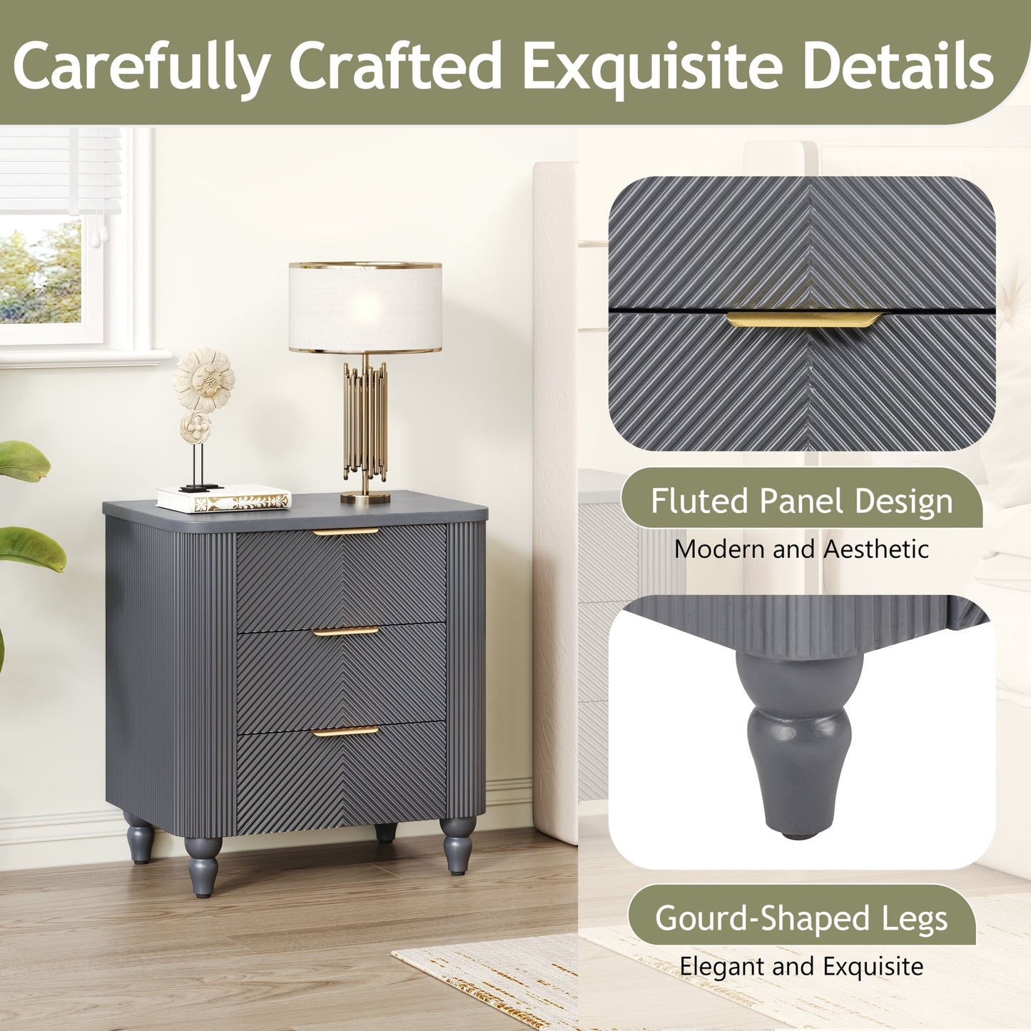 Mid - Century Fluted 3 Drawers Nightstand, Bedside Table with Curved Profile Design and Wide Gold Glossy Handles, End Table for Living Room, Bedroom, Easy Assembly, Dark Gray - 1st Choice Furniture Direct