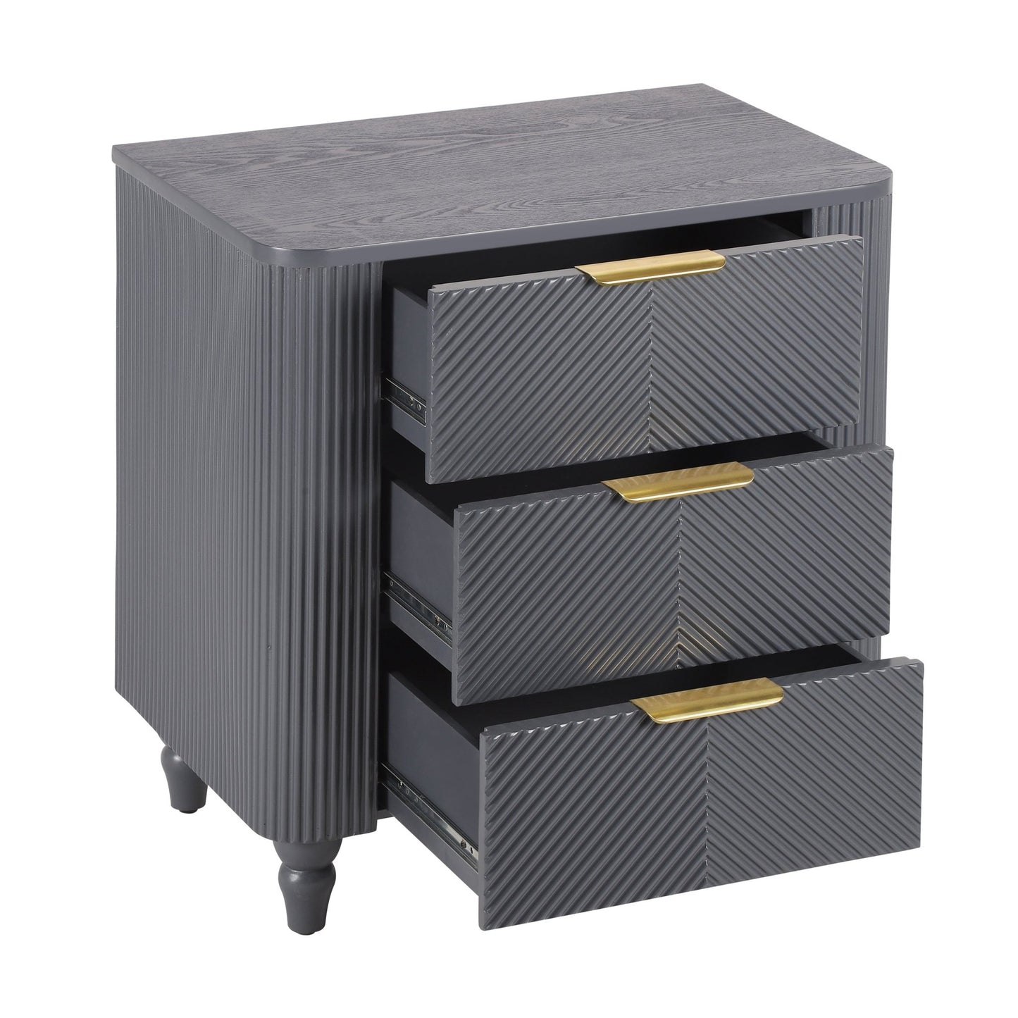 Mid - Century Fluted 3 Drawers Nightstand, Bedside Table with Curved Profile Design and Wide Gold Glossy Handles, End Table for Living Room, Bedroom, Easy Assembly, Dark Gray - 1st Choice Furniture Direct