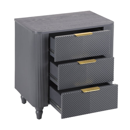 Mid - Century Fluted 3 Drawers Nightstand, Bedside Table with Curved Profile Design and Wide Gold Glossy Handles, End Table for Living Room, Bedroom, Easy Assembly, Dark Gray - 1st Choice Furniture Direct