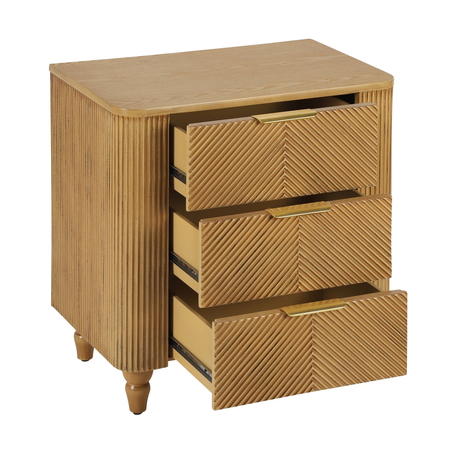 Mid - Century Fluted 3 Drawers Nightstand, Bedside Table with Curved Profile Design and Wide Gold Glossy Handles, End Table for Living Room, Bedroom, Easy Assembly, Natural - 1st Choice Furniture Direct