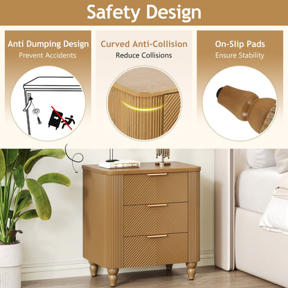 Mid - Century Fluted 3 Drawers Nightstand, Bedside Table with Curved Profile Design and Wide Gold Glossy Handles, End Table for Living Room, Bedroom, Easy Assembly, Natural - 1st Choice Furniture Direct