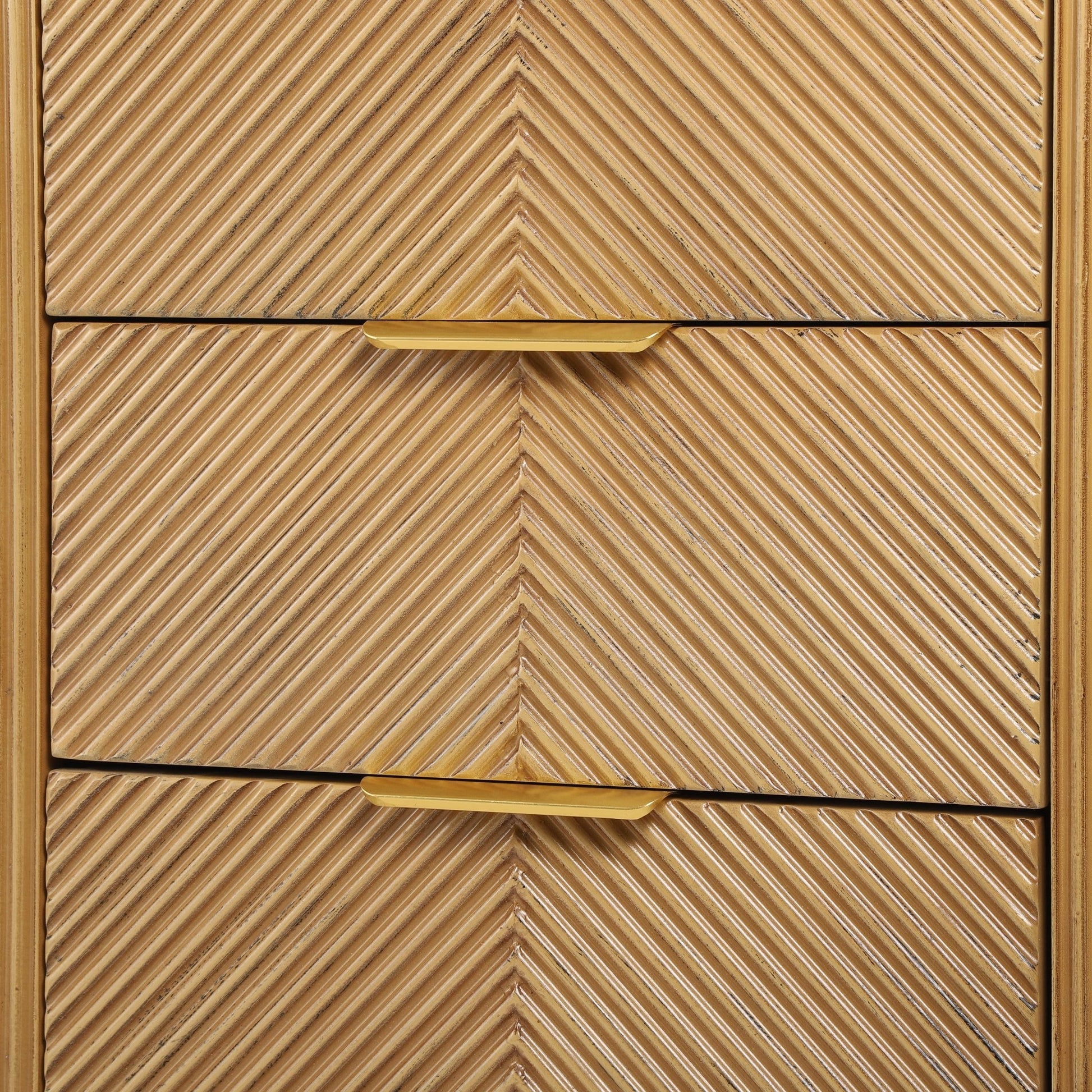 Mid - Century Fluted 3 Drawers Nightstand, Bedside Table with Curved Profile Design and Wide Gold Glossy Handles, End Table for Living Room, Bedroom, Easy Assembly, Natural - 1st Choice Furniture Direct