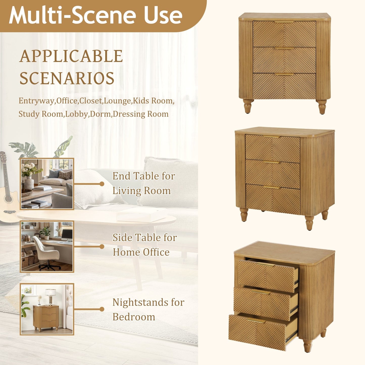 Mid - Century Fluted 3 Drawers Nightstand, Bedside Table with Curved Profile Design and Wide Gold Glossy Handles, End Table for Living Room, Bedroom, Easy Assembly, Natural - 1st Choice Furniture Direct