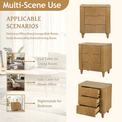 Mid - Century Fluted 3 Drawers Nightstand, Bedside Table with Curved Profile Design and Wide Gold Glossy Handles, End Table for Living Room, Bedroom, Easy Assembly, Natural - 1st Choice Furniture Direct