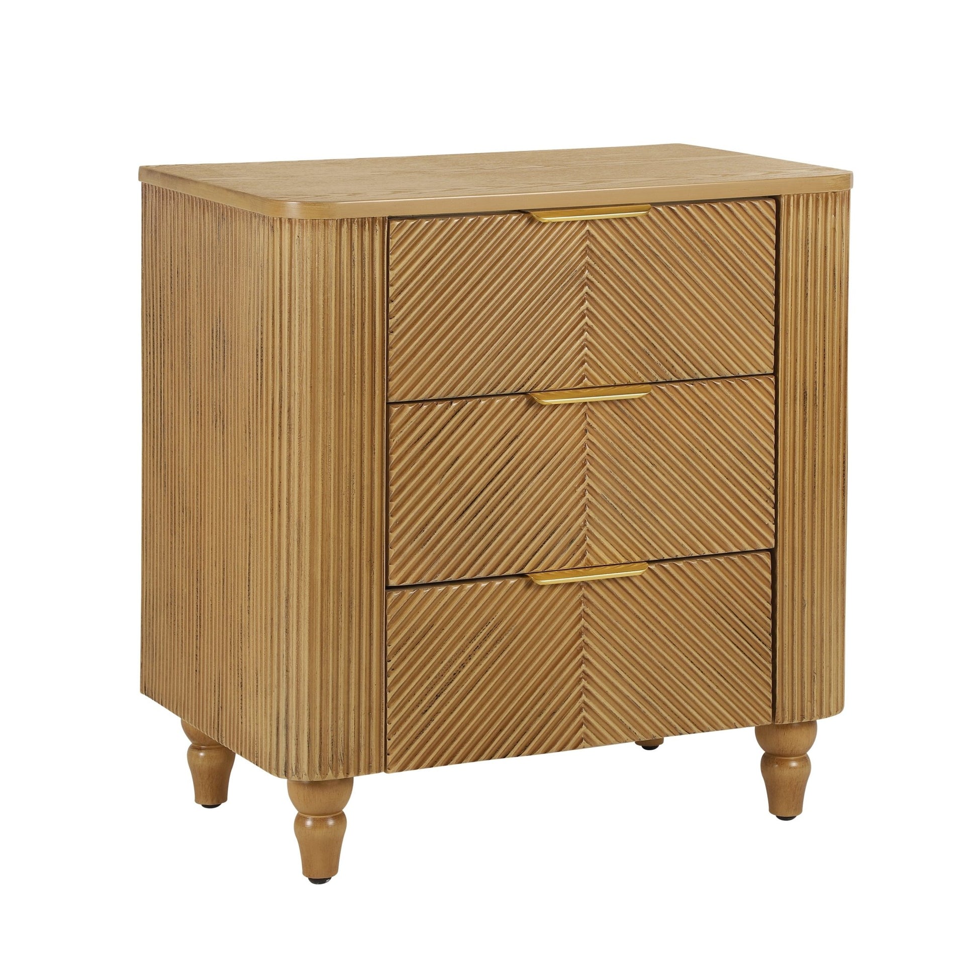 Mid - Century Fluted 3 Drawers Nightstand, Bedside Table with Curved Profile Design and Wide Gold Glossy Handles, End Table for Living Room, Bedroom, Easy Assembly, Natural - 1st Choice Furniture Direct