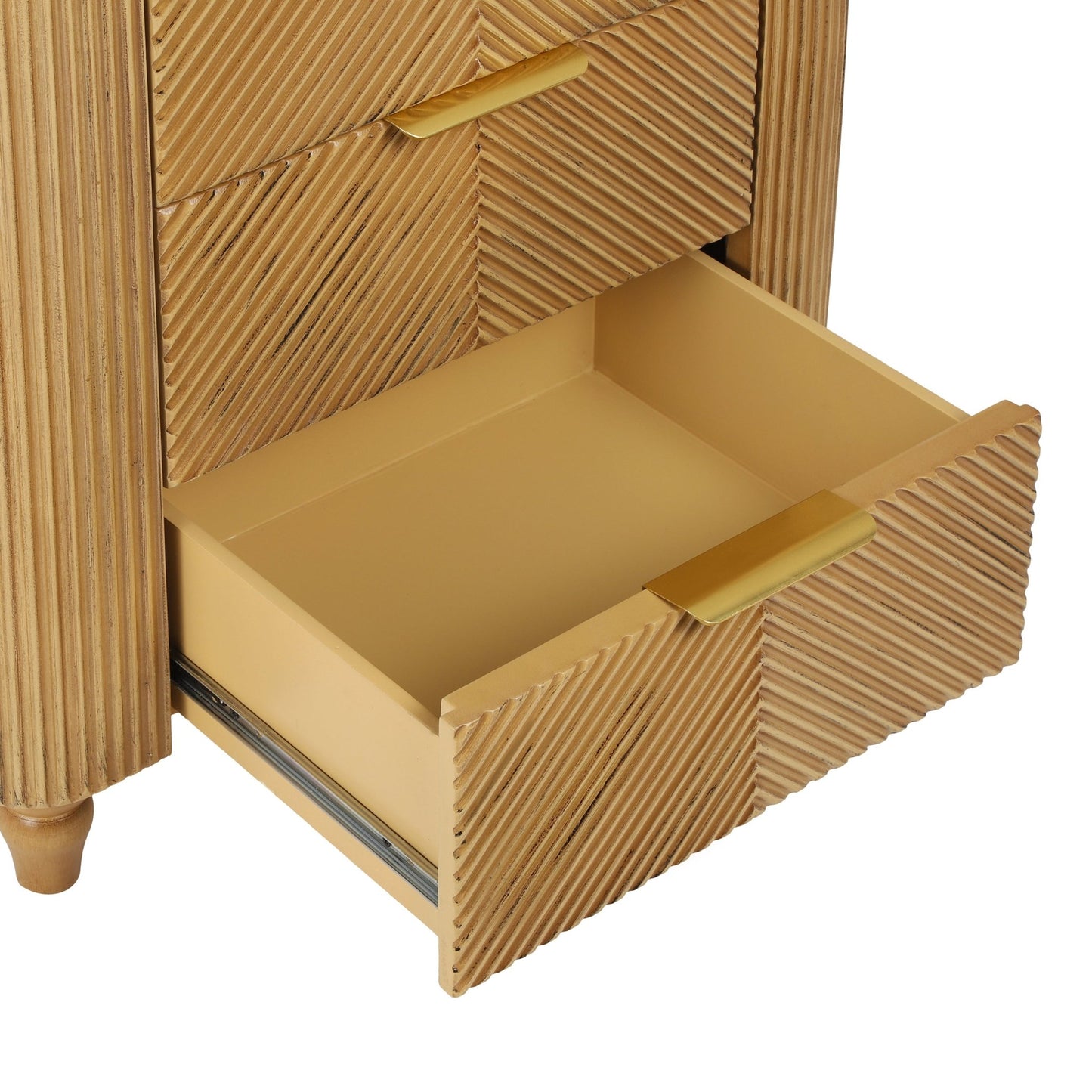 Mid - Century Fluted 3 Drawers Nightstand, Bedside Table with Curved Profile Design and Wide Gold Glossy Handles, End Table for Living Room, Bedroom, Easy Assembly, Natural - 1st Choice Furniture Direct