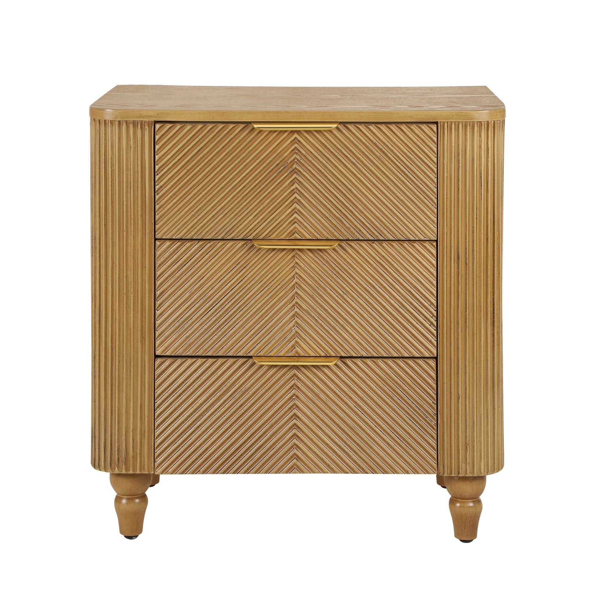 Mid - Century Fluted 3 Drawers Nightstand, Bedside Table with Curved Profile Design and Wide Gold Glossy Handles, End Table for Living Room, Bedroom, Easy Assembly, Natural - 1st Choice Furniture Direct