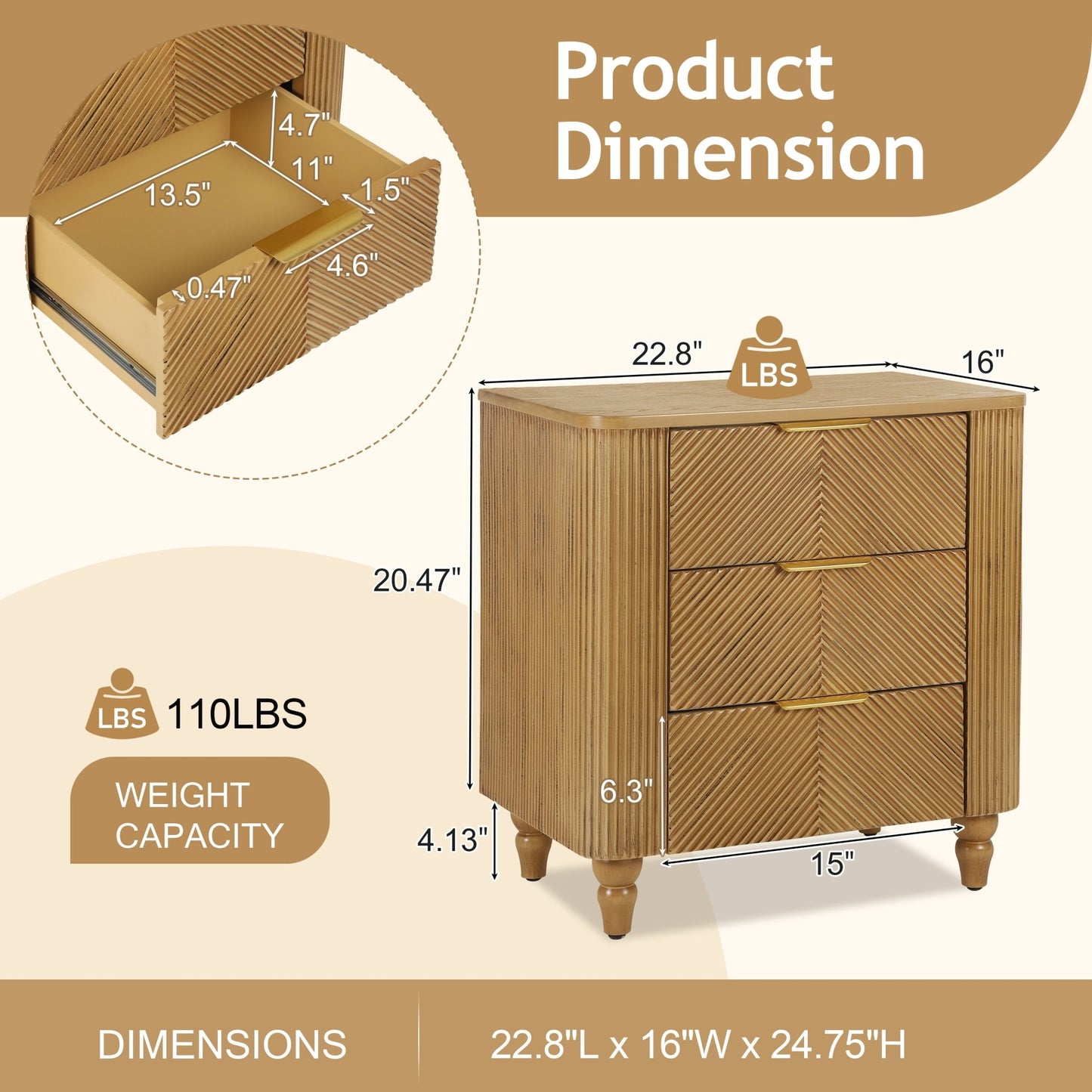 Mid - Century Fluted 3 Drawers Nightstand, Bedside Table with Curved Profile Design and Wide Gold Glossy Handles, End Table for Living Room, Bedroom, Easy Assembly, Natural - 1st Choice Furniture Direct