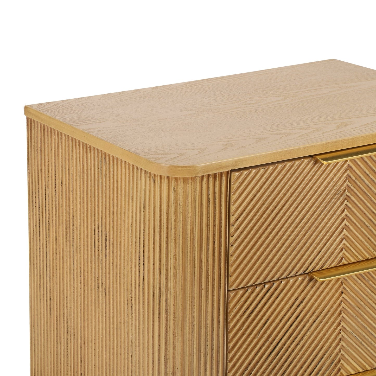 Mid - Century Fluted 3 Drawers Nightstand, Bedside Table with Curved Profile Design and Wide Gold Glossy Handles, End Table for Living Room, Bedroom, Easy Assembly, Natural - 1st Choice Furniture Direct