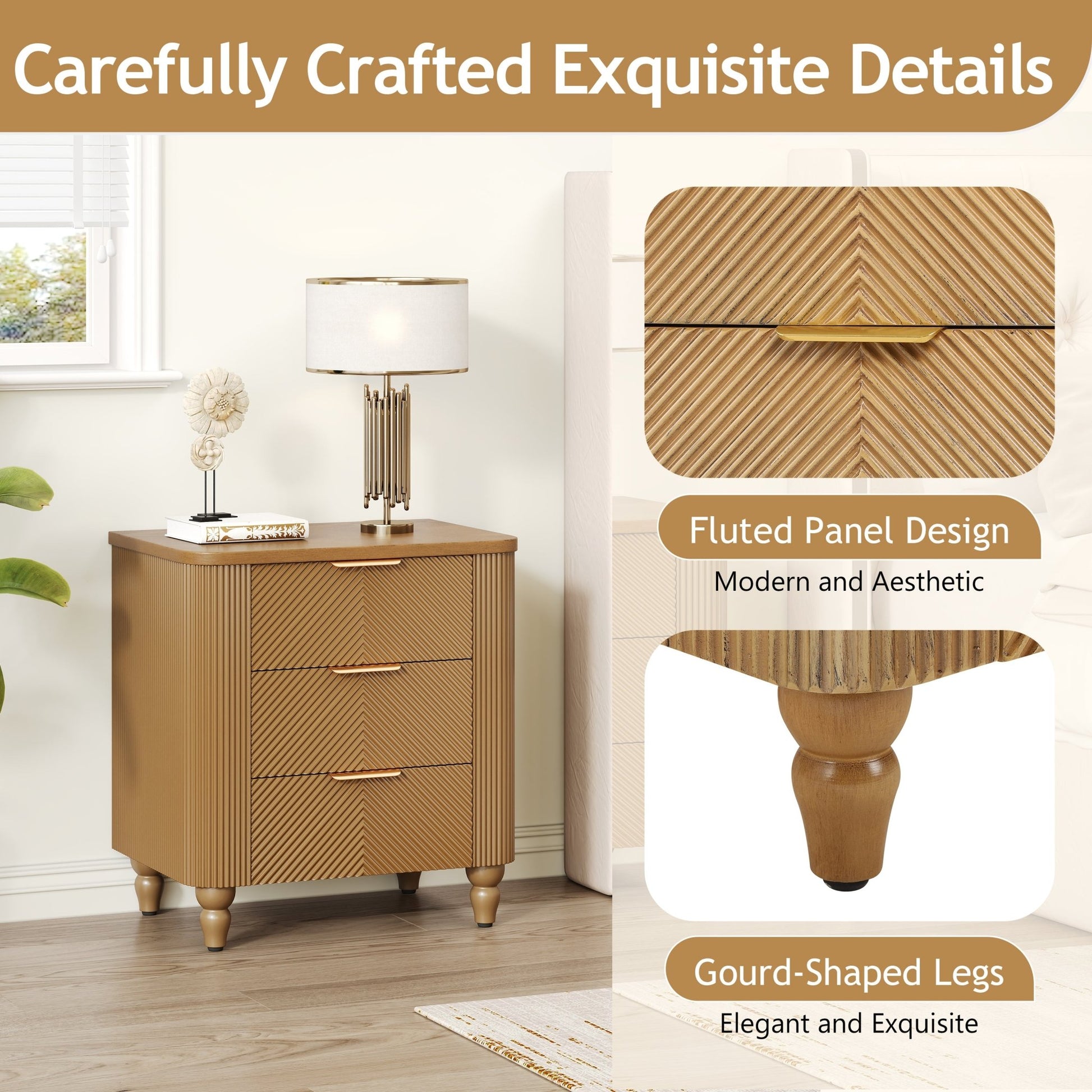 Mid - Century Fluted 3 Drawers Nightstand, Bedside Table with Curved Profile Design and Wide Gold Glossy Handles, End Table for Living Room, Bedroom, Easy Assembly, Natural - 1st Choice Furniture Direct