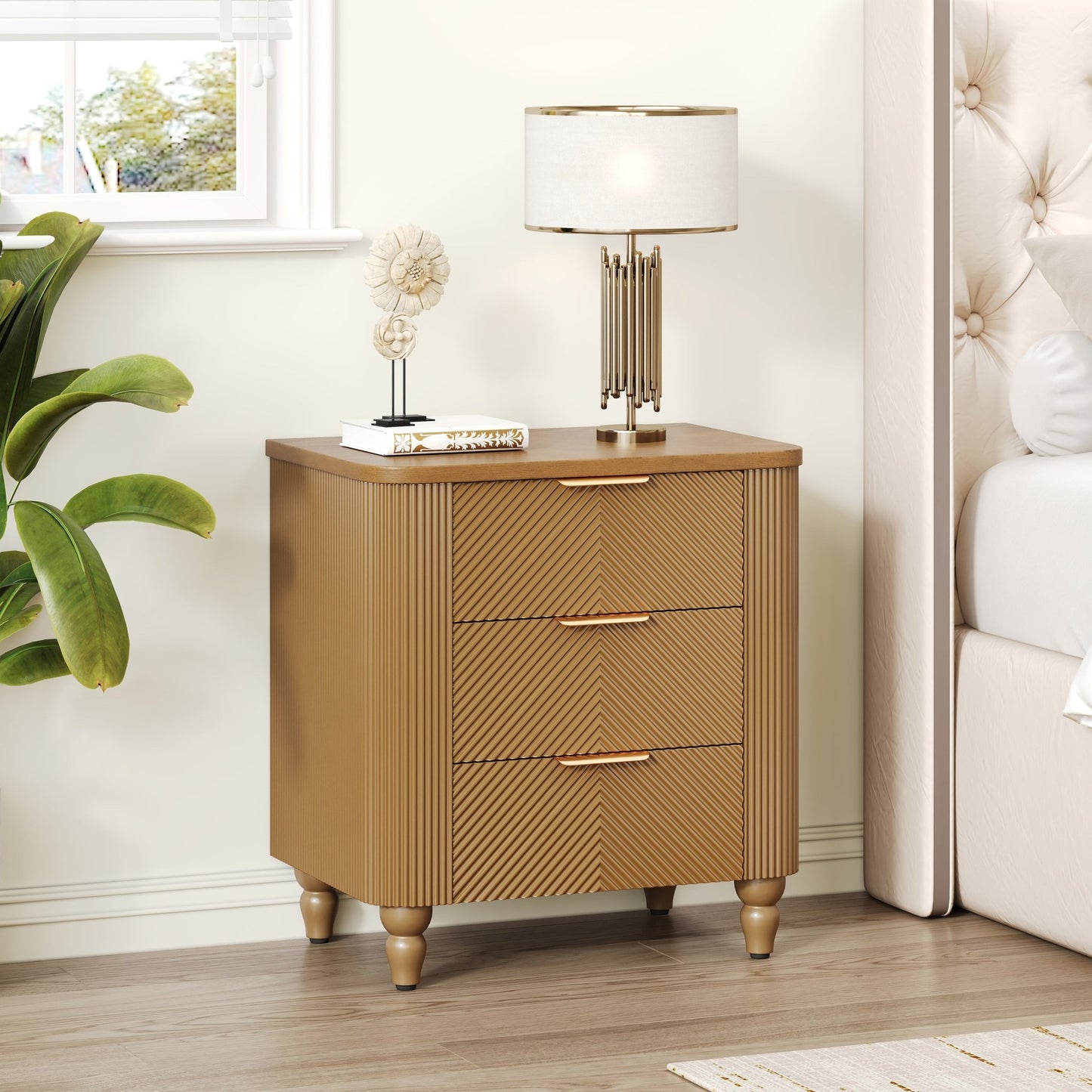 Mid - Century Fluted 3 Drawers Nightstand, Bedside Table with Curved Profile Design and Wide Gold Glossy Handles, End Table for Living Room, Bedroom, Easy Assembly, Natural - 1st Choice Furniture Direct