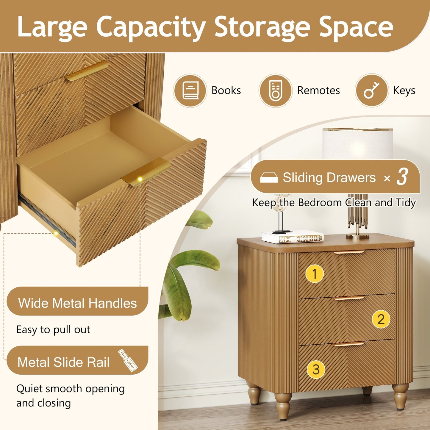 Mid - Century Fluted 3 Drawers Nightstand, Bedside Table with Curved Profile Design and Wide Gold Glossy Handles, End Table for Living Room, Bedroom, Easy Assembly, Natural - 1st Choice Furniture Direct