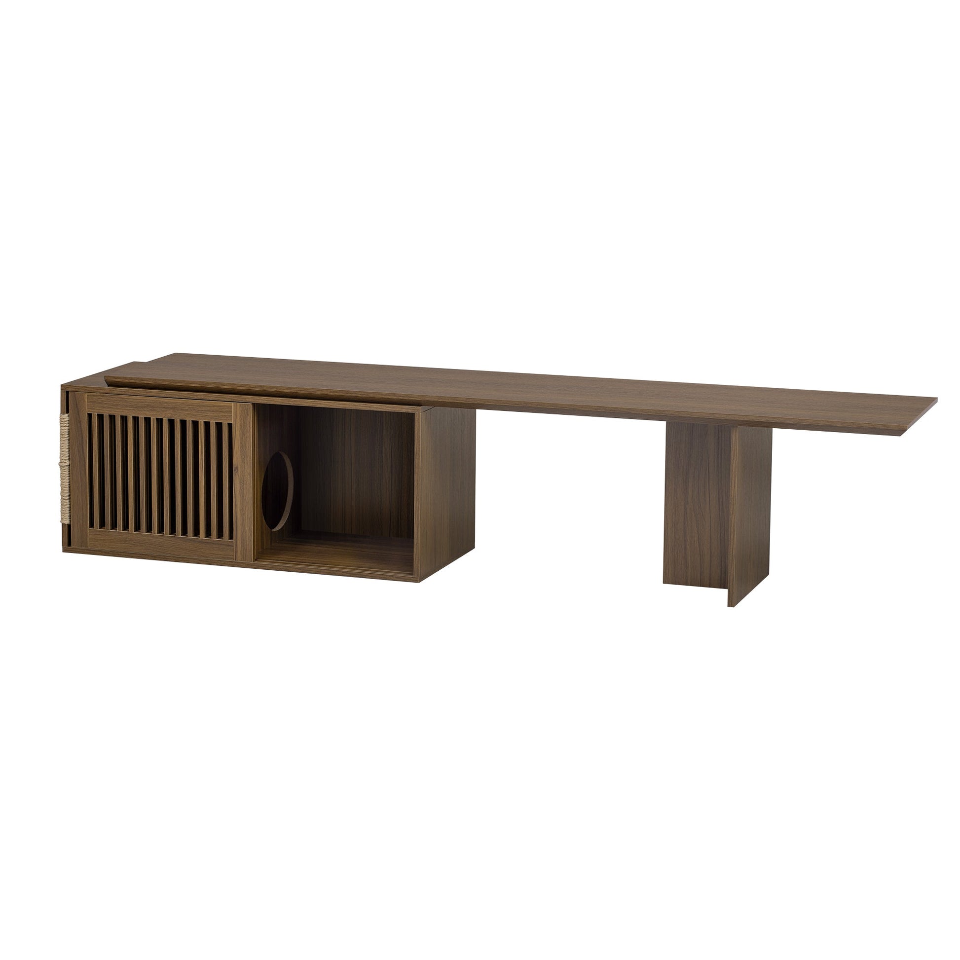 Mid-Century Modern 2 in 1 Cat Furniture 78' Extendable Walnut TV Stand (up to 100'), Entertainment Center Litter Box Enclosure with Cat Scratcher - 1st Choice Furniture Direct