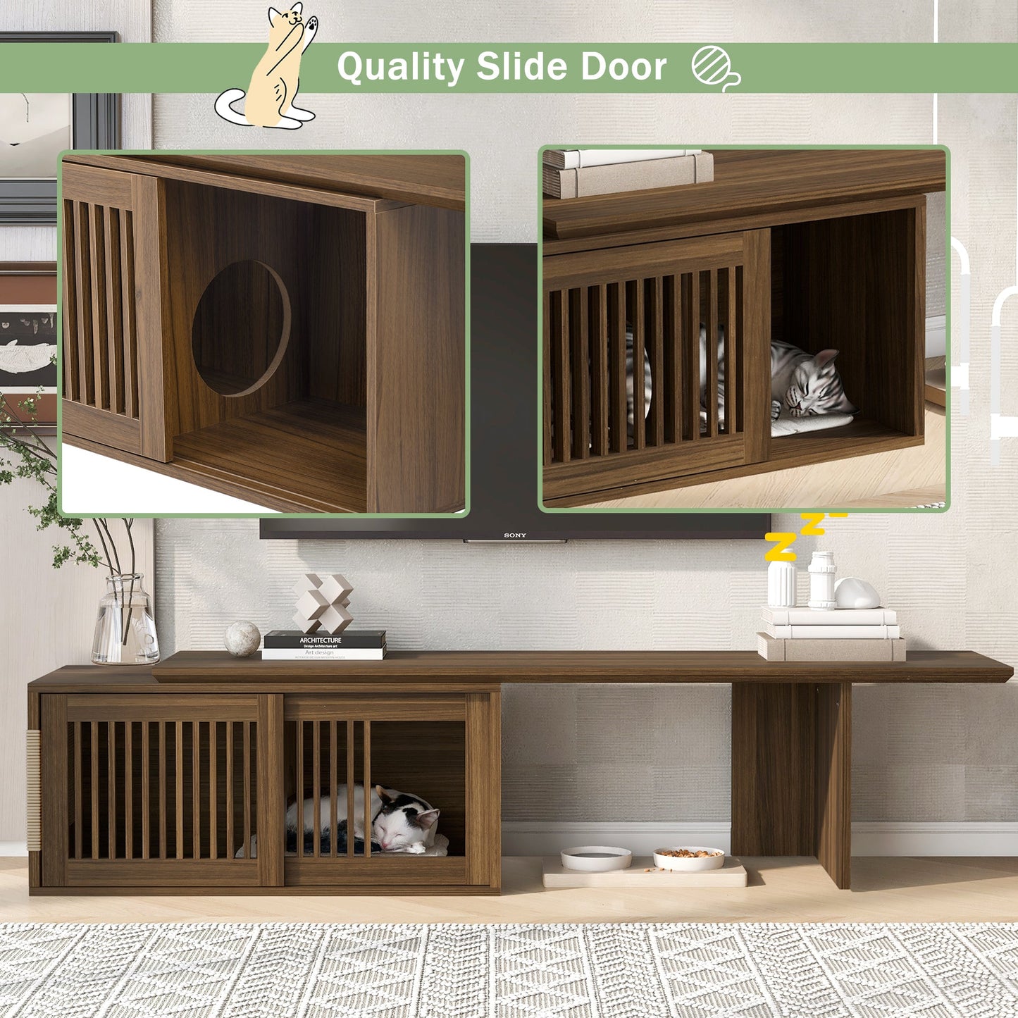 Mid-Century Modern 2 in 1 Cat Furniture 78' Extendable Walnut TV Stand (up to 100'), Entertainment Center Litter Box Enclosure with Cat Scratcher - 1st Choice Furniture Direct