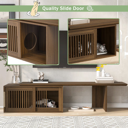 Mid-Century Modern 2 in 1 Cat Furniture 78' Extendable Walnut TV Stand (up to 100'), Entertainment Center Litter Box Enclosure with Cat Scratcher - 1st Choice Furniture Direct