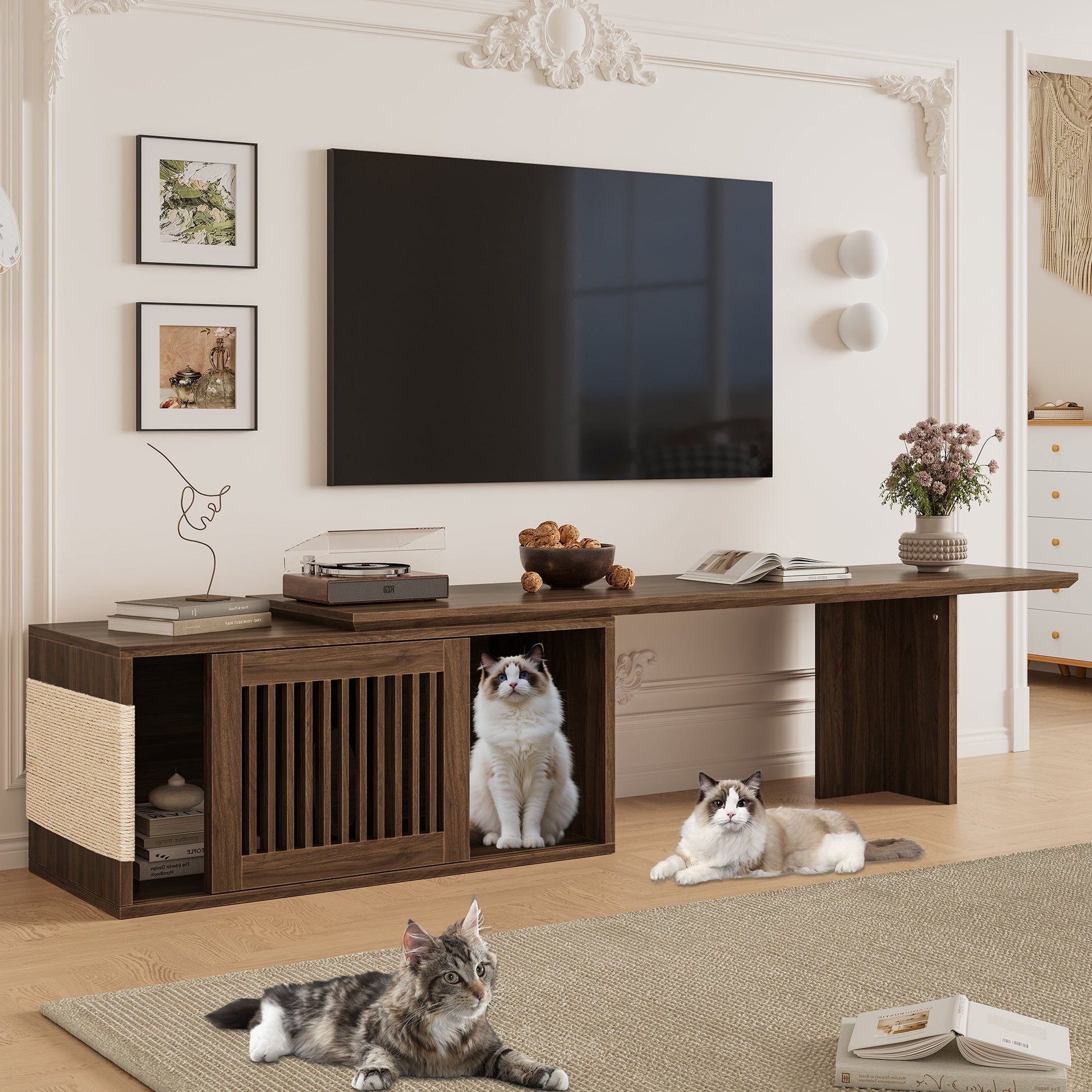 Mid-Century Modern 2 in 1 Cat Furniture 78' Extendable Walnut TV Stand (up to 100'), Entertainment Center Litter Box Enclosure with Cat Scratcher - 1st Choice Furniture Direct