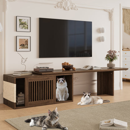 Mid-Century Modern 2 in 1 Cat Furniture 78' Extendable Walnut TV Stand (up to 100'), Entertainment Center Litter Box Enclosure with Cat Scratcher - 1st Choice Furniture Direct
