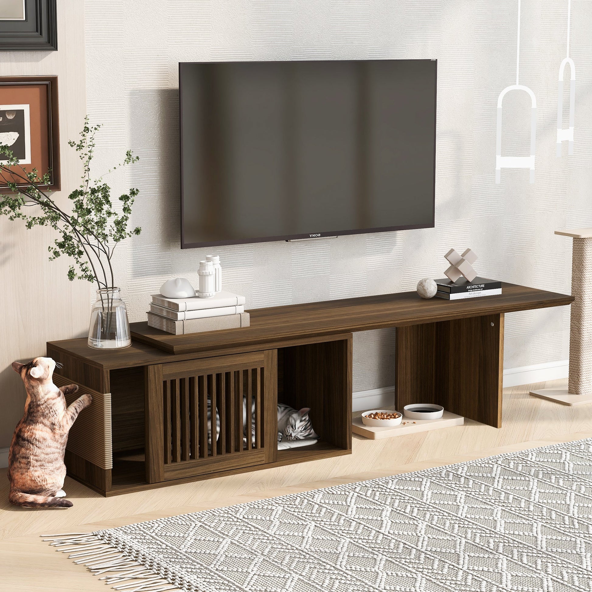 Mid-Century Modern 2 in 1 Cat Furniture 78' Extendable Walnut TV Stand (up to 100'), Entertainment Center Litter Box Enclosure with Cat Scratcher - 1st Choice Furniture Direct