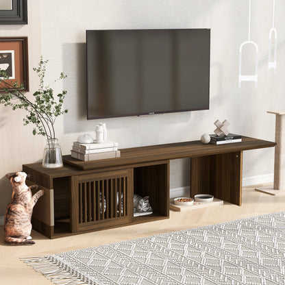 Mid-Century Modern 2 in 1 Cat Furniture 78' Extendable Walnut TV Stand (up to 100'), Entertainment Center Litter Box Enclosure with Cat Scratcher - 1st Choice Furniture Direct