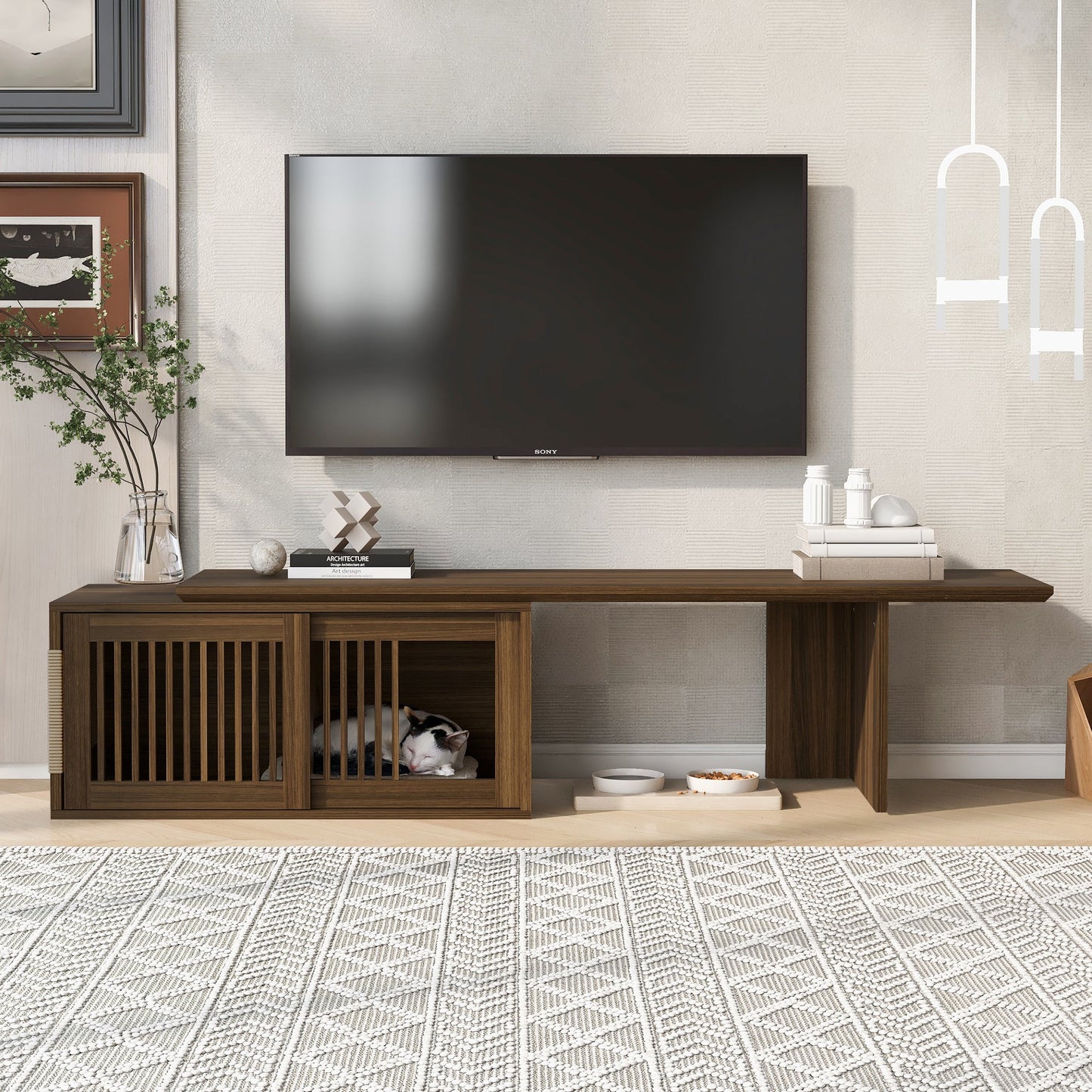 Mid-Century Modern 2 in 1 Cat Furniture 78' Extendable Walnut TV Stand (up to 100'), Entertainment Center Litter Box Enclosure with Cat Scratcher - 1st Choice Furniture Direct