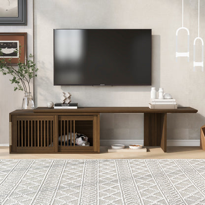 Mid-Century Modern 2 in 1 Cat Furniture 78' Extendable Walnut TV Stand (up to 100'), Entertainment Center Litter Box Enclosure with Cat Scratcher - 1st Choice Furniture Direct