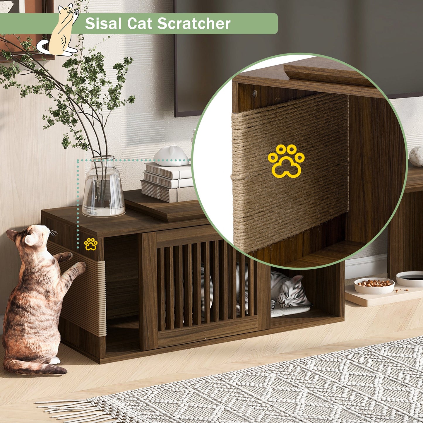 Mid-Century Modern 2 in 1 Cat Furniture 78' Extendable Walnut TV Stand (up to 100'), Entertainment Center Litter Box Enclosure with Cat Scratcher - 1st Choice Furniture Direct