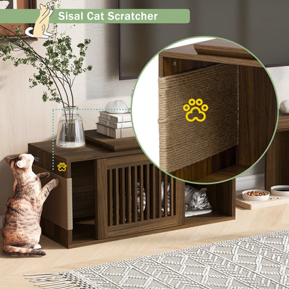 Mid-Century Modern 2 in 1 Cat Furniture 78' Extendable Walnut TV Stand (up to 100'), Entertainment Center Litter Box Enclosure with Cat Scratcher - 1st Choice Furniture Direct