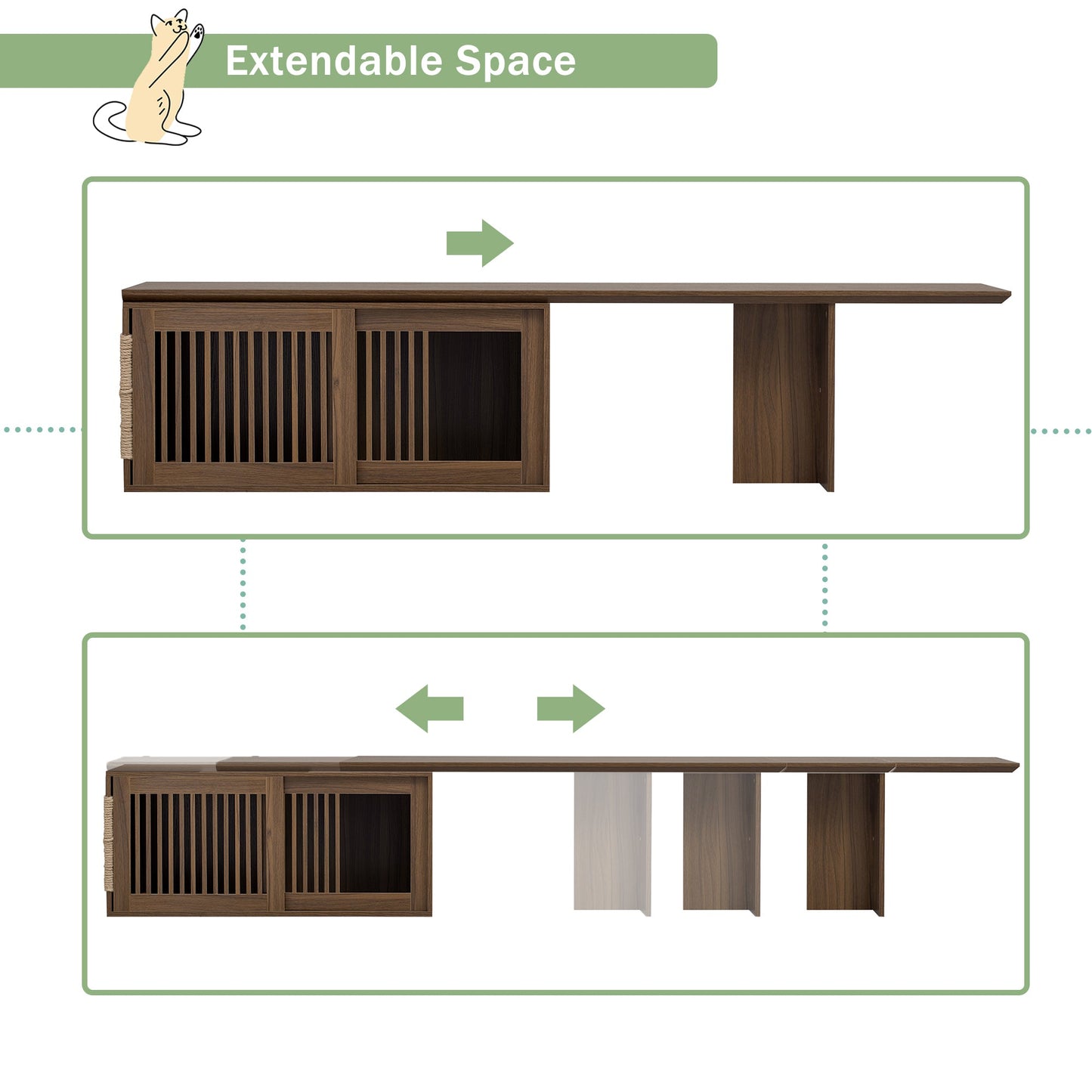 Mid-Century Modern 2 in 1 Cat Furniture 78' Extendable Walnut TV Stand (up to 100'), Entertainment Center Litter Box Enclosure with Cat Scratcher - 1st Choice Furniture Direct