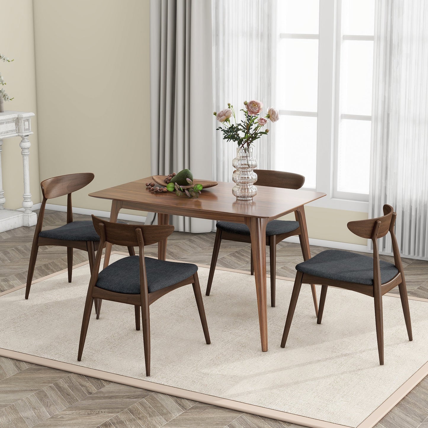 Mid - Century Modern 5 - Piece Dining Set with Rubberwood Frame, Ergonomic Chairs in Walnut and Charcoal Finish - 1st Choice Furniture Direct