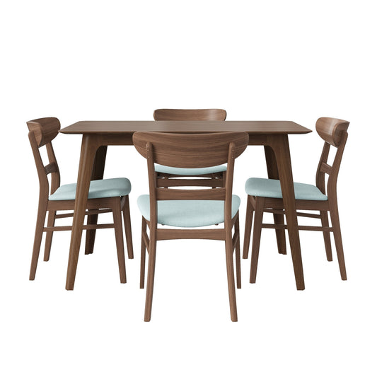 Mid - Century Modern 5 - Piece Dining Set with Rubberwood Frame, One Table and 4 Upholstered Chairs in Walnut and Mint Finish - 1st Choice Furniture Direct