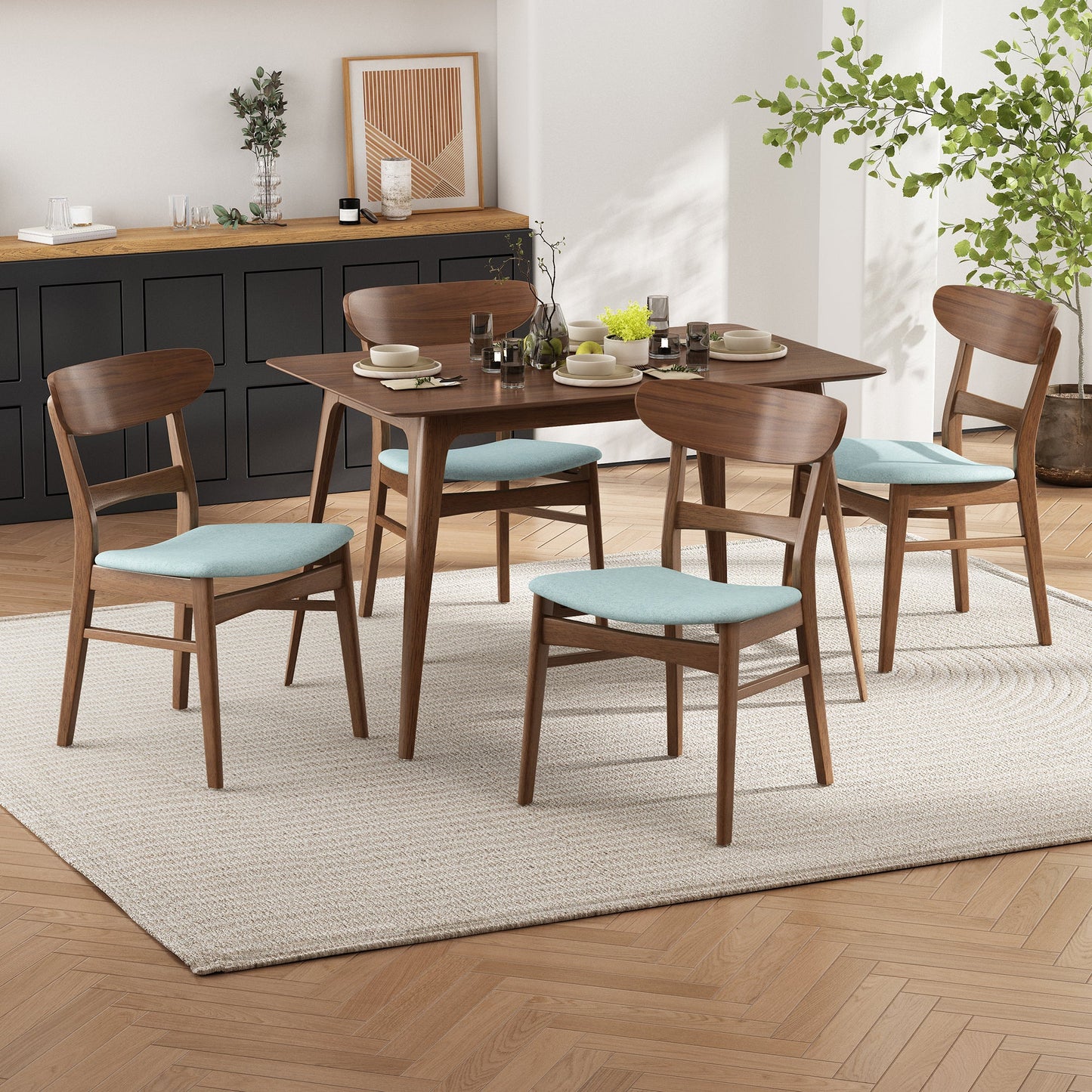 Mid - Century Modern 5 - Piece Dining Set with Rubberwood Frame, One Table and 4 Upholstered Chairs in Walnut and Mint Finish - 1st Choice Furniture Direct