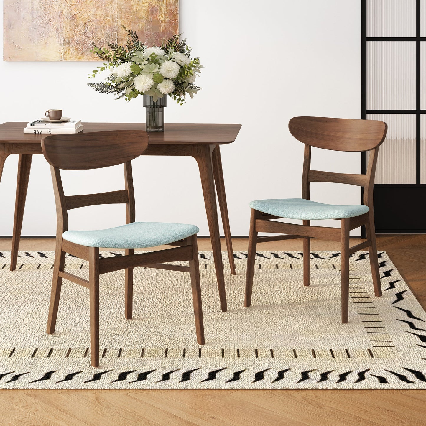 Mid - Century Modern 5 - Piece Dining Set with Rubberwood Frame, One Table and 4 Upholstered Chairs in Walnut and Mint Finish - 1st Choice Furniture Direct
