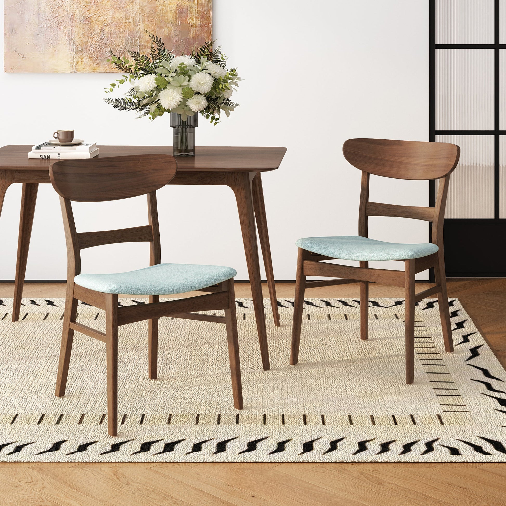 Mid - Century Modern 5 - Piece Dining Set with Rubberwood Frame, One Table and 4 Upholstered Chairs in Walnut and Mint Finish - 1st Choice Furniture Direct